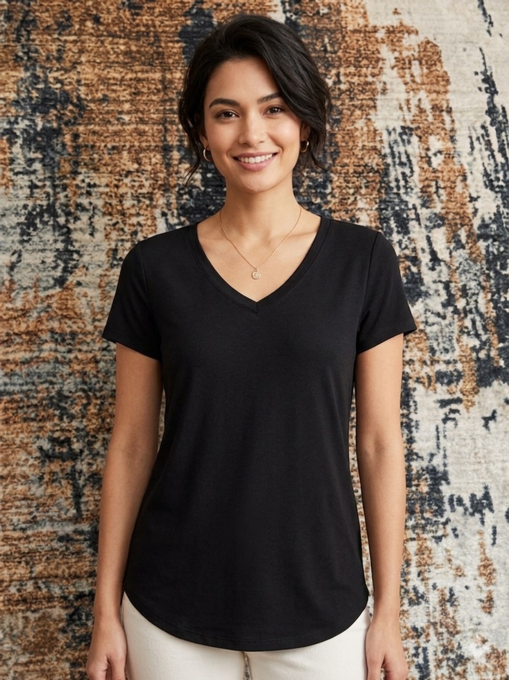 Style & Co. Black V-Neck Short Sleeve Tee